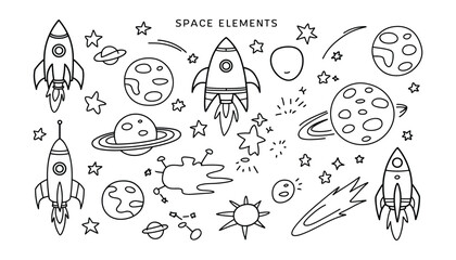 Obraz premium Space Vector Element Set Outline Style Rocket Planet Star Isolated on White Background