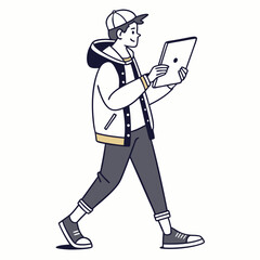 Young man walking using tablet digital device technology