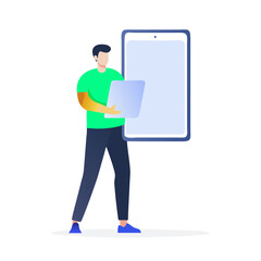 Man holding tablet and laptop, clean cutout, transparent background