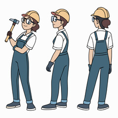 Female construction worker three views hammer safety glasses
