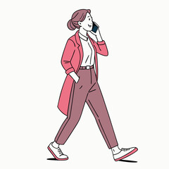 Businesswoman walking and talking on cell phone stylish outfit