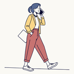 Young businesswoman walking phone call documents stylish outfit