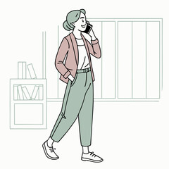 Professional woman walking and talking on phone, clean cutout, transparent background