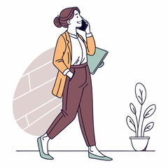 Professional businesswoman walking phone call office design element