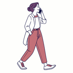 Walking woman talking on phone, clean cutout illustration, transparent background
