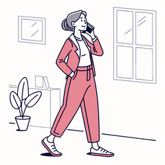 Professional businesswoman walking and talking on phone, clean cutout, transparent background