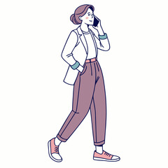 Woman walking and talking on cell phone business casual style
