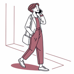 Stylish woman walking and talking on cell phone, clean cutout illustration
