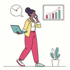Businesswoman walking laptop phone call growth chart success