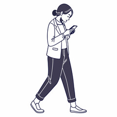 Woman walking while using smartphone stylish modern illustration