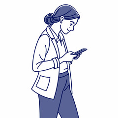Young woman using smartphone walking business casual