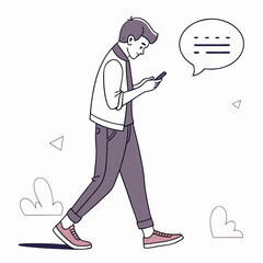 Young man walking and texting on smartphone mobile phone