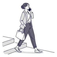 Businesswoman walking down stairs talking on phone