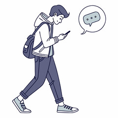 Teenager walking texting smartphone backpack casual style