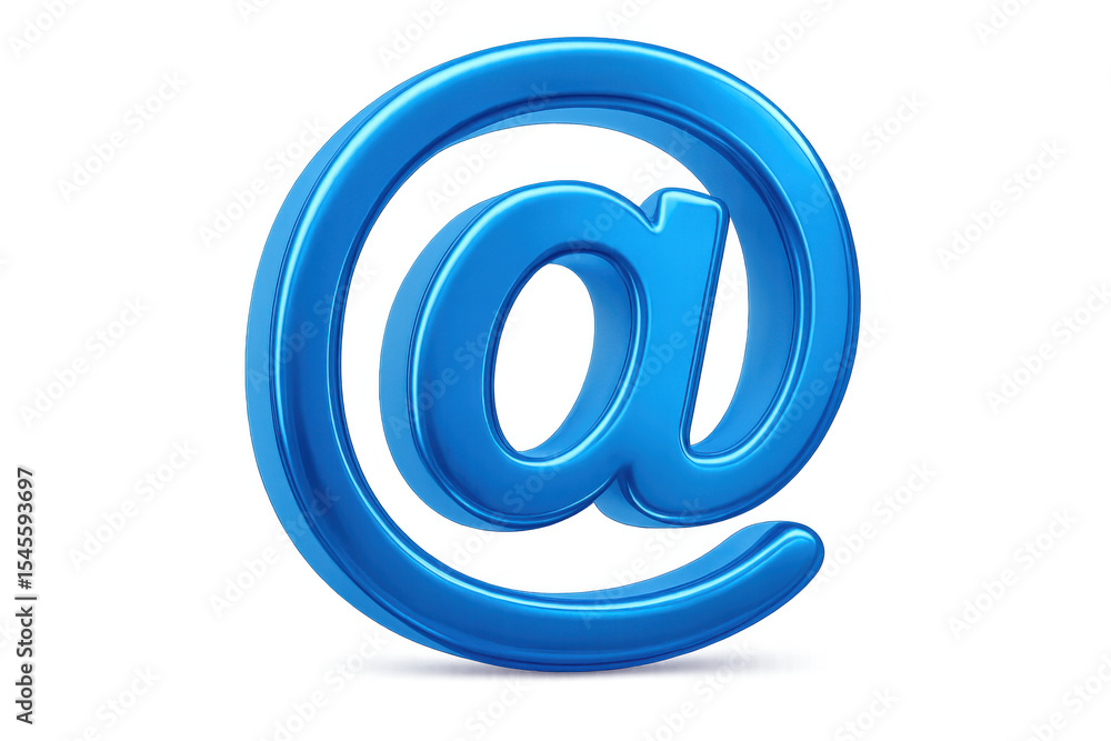 Poster metallic blue @ symbol floating against transparent backdrop, symbolizing digital communication and 
