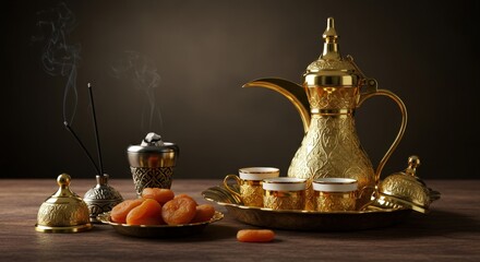 Golden Coffee Pot And Dates On Dark Wooden Table