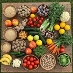 Abundant Harvest: A Bountiful Display of Fresh Fruits, Vegetables, and Grains