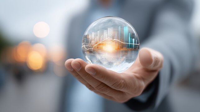 Business innovation in a crystal ball cityscape digital art urban environment close-up view future vision