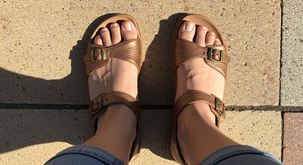 Wearing Bronze Sandals on Paved Surface in Sunlight