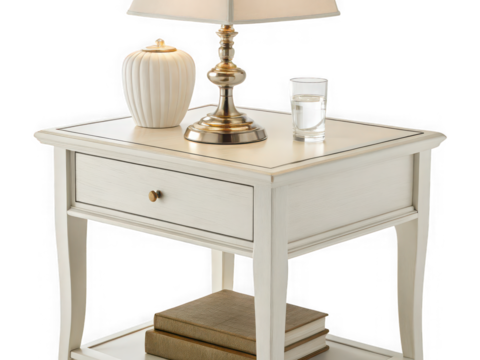 White wooden bedside table with lamp, books, and glass of water