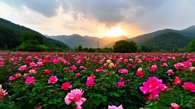 Sunset Over Blooming Rose Field in the Valley of Mountains
