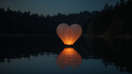 Heart lantern over lake.