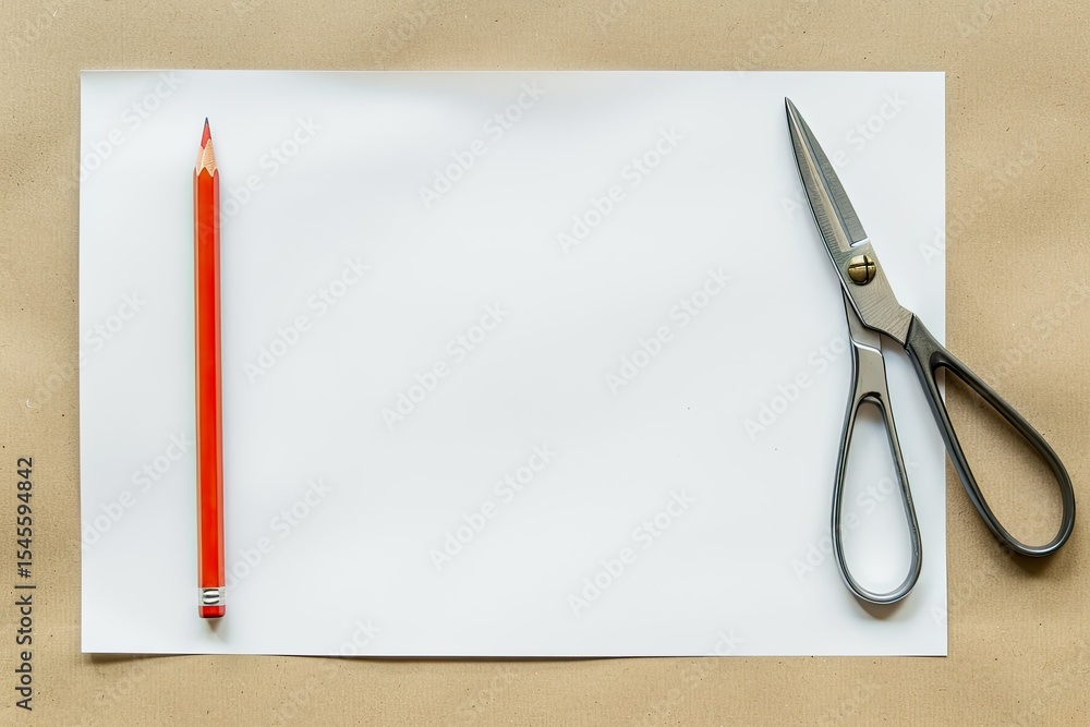 Poster high definition visual of a white sheet of paper with a pencil and a picture of scissors on it