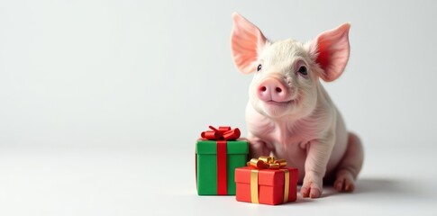 Tiny pig with colorful Christmas gift boxes on white backdrop , oink, holiday, gift