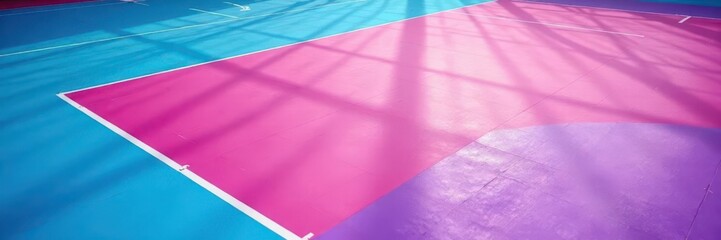 High angle shot, volleyball court floor, vibrant blue purple, sports, volleyball, sports court