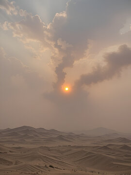 The setting sun in the plumes of a sandstorm. Haboob (simoom) In Dubai