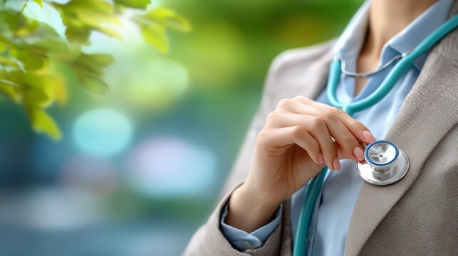 Healthcare professional adjusting stethoscope outdoors medical setting close-up shot fresh environment focus on care
