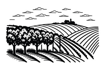 Vineyard Vector Element Illustration with Trees and Farmhouse on Hill in Black and White
