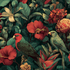 A colorful painting of birds and flowers