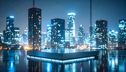 An exhibition space with a pedestal for product exhibition against the backdrop of the city night view.