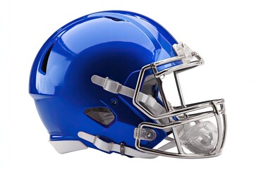 Fototapeta premium Glossy, vibrant blue football helmet with a chrome facemask, angled slightly to the left against a white background