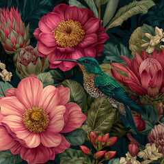 A bird is perched on a flower in a painting