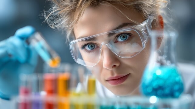 Scientific experiment conducted by female scientist in lab chemistry research focus on colorful solutions professional environment