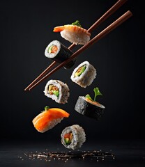 Assorted sushi pieces and maki rolls levitate, suspended by chopsticks against a dark background, with scattered sesame seeds below