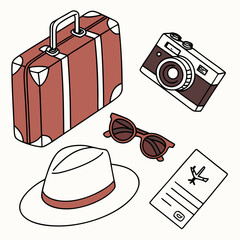 Vintage travel essentials suitcase camera hat sunglasses ticket