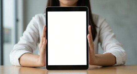 Woman Holding Tablet with Blank Screen Mockup