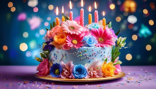 a vibrant and colorful illustration of a birthday cake adorned with flowers and candles 3 - Powered by Adobe