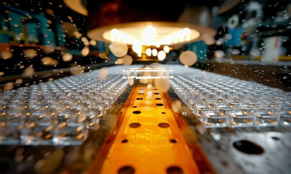 Close-up view of a production line with many small, transparent plastic parts moving along a conveyor belt. The focus is on the details of the parts and the machinery.