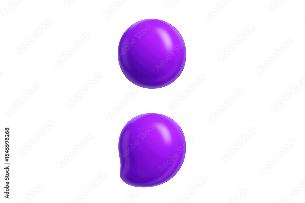 Poster 3d rendering of a semicolon punctuation mark made with two purple spheres on a transparent backgroun
