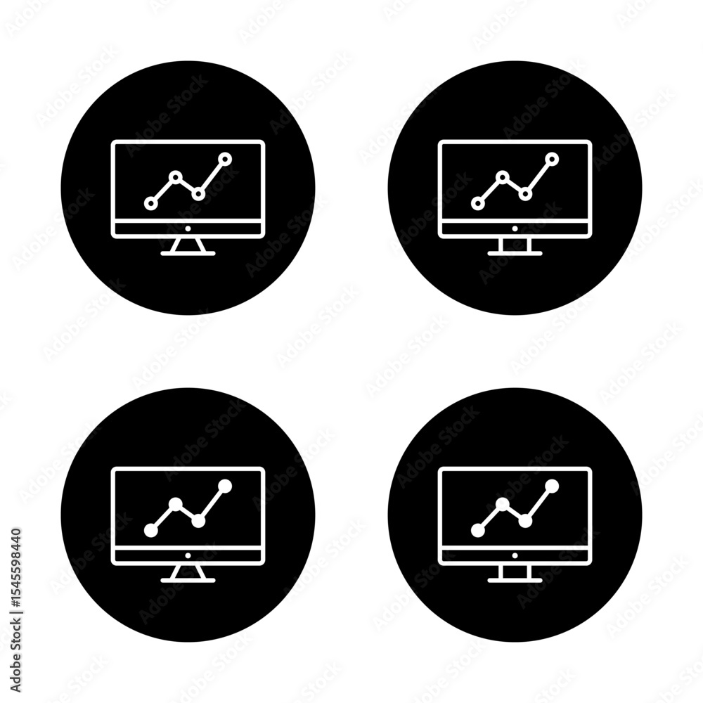 Poster line chart with computer screen icon. statistics report symbol on black circle
