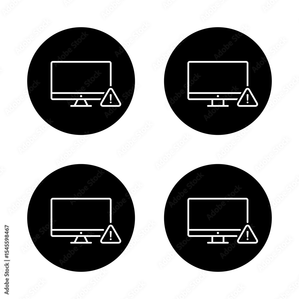 Poster computer error icon set. warning sign on pc screen symbol on black circle