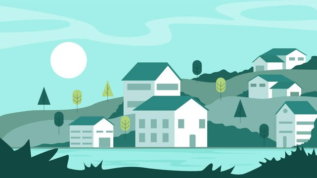village housing near the river simple landscaped cartoon animation background video . city building view geometric with hill bush and trees animated footage motion graphic illustration design