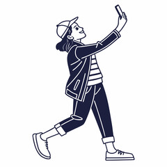 Fototapeta premium Young woman taking selfie walking style illustration