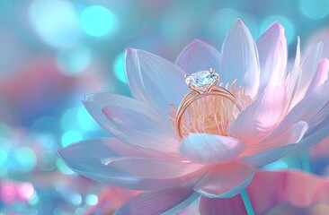 A sparkling diamond ring rests delicately within the heart of a soft pink and white water lily, bathed in a dreamy, pastel bokeh