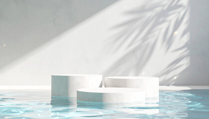 An exhibition space with a pedestal for the product against a bright background with natural light with water and plant decorations.