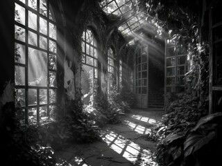 Fototapeta premium Sunbeams Illuminate Overgrown Pathway in Abandoned Greenhouse